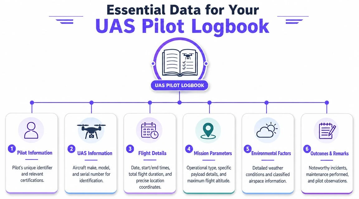 A diagram outlining the six essential data points required for a comprehensive UAS pilot logbook.