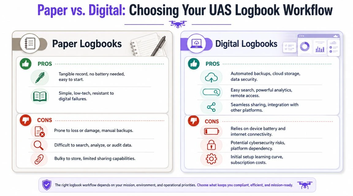 A comparison chart highlighting the pros and cons of using paper versus digital logbooks for drone operations.