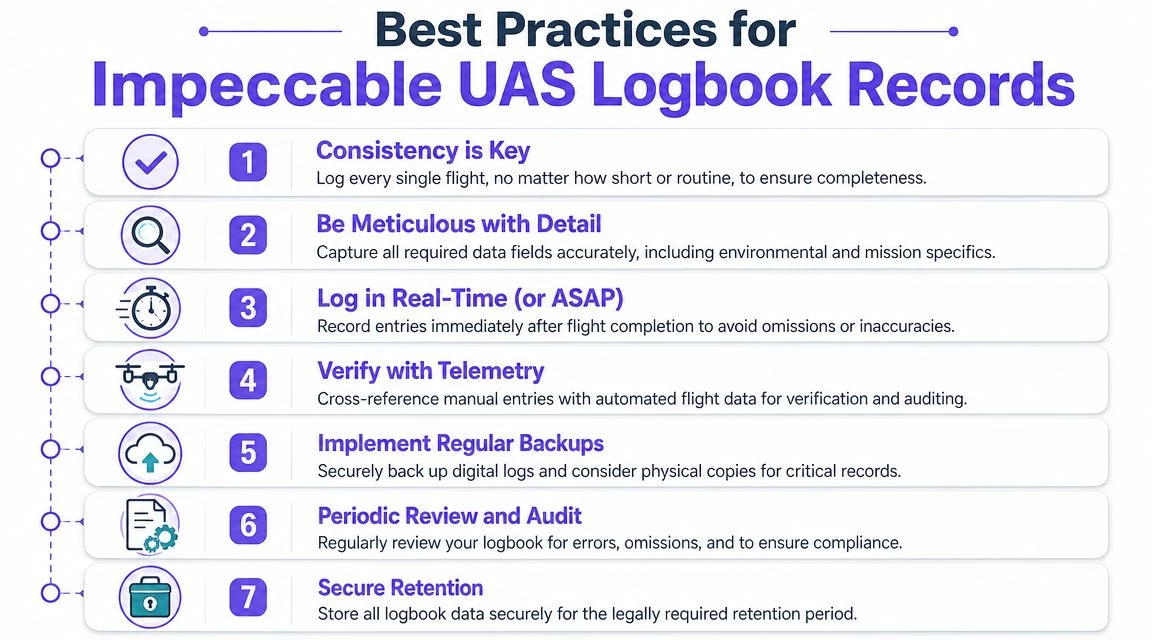 A professional infographic outlining seven best practices for maintaining accurate and compliant UAS flight logbook records.