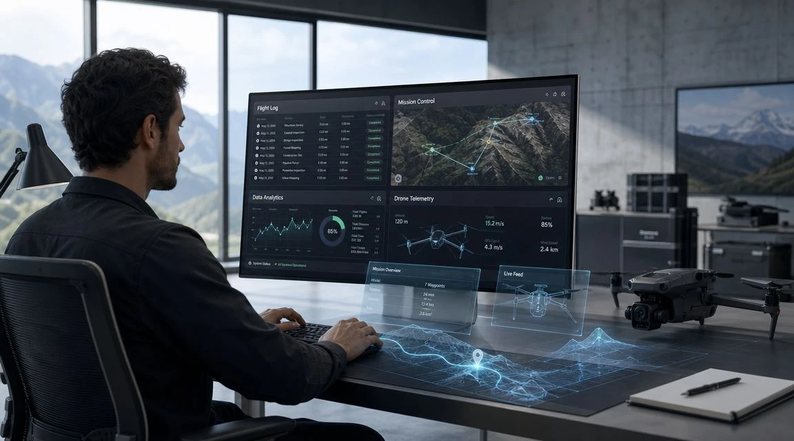 A drone operator monitors flight data and mission control metrics on a large computer screen in a workspace.