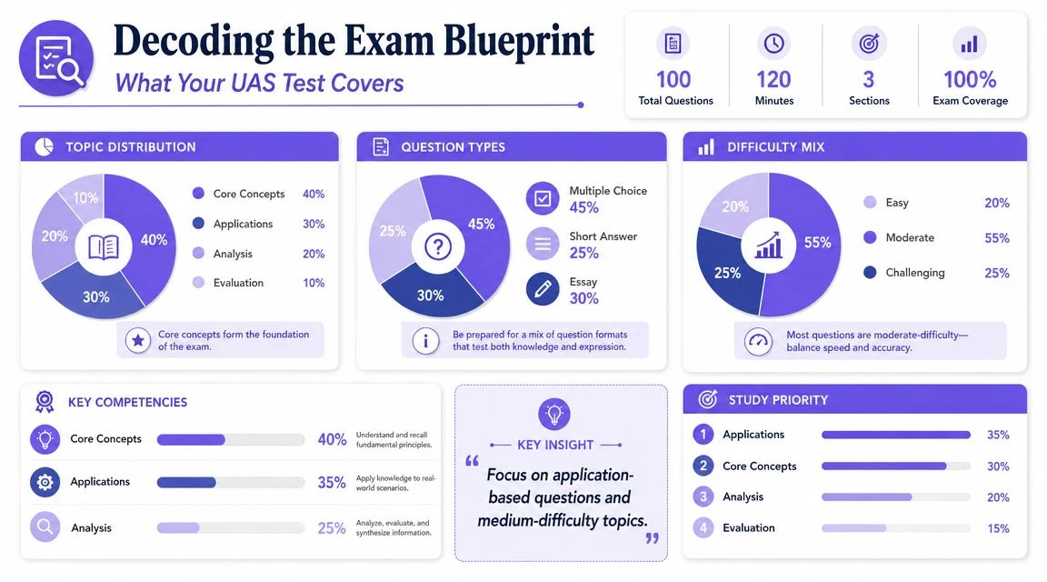 An infographic titled Decoding the Exam Blueprint detailing topic distribution, question types, and study priorities for a UAS test.