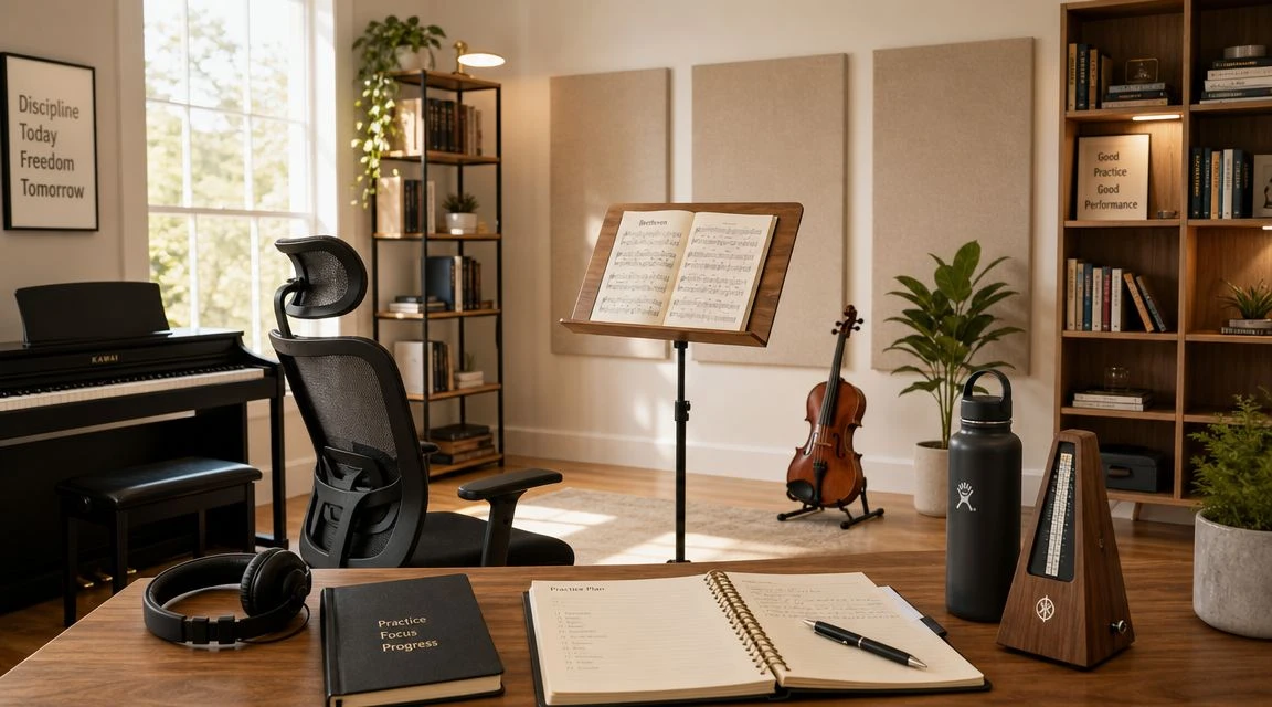 A professional music practice room featuring a piano, violin, music stand, and a desk with study materials.