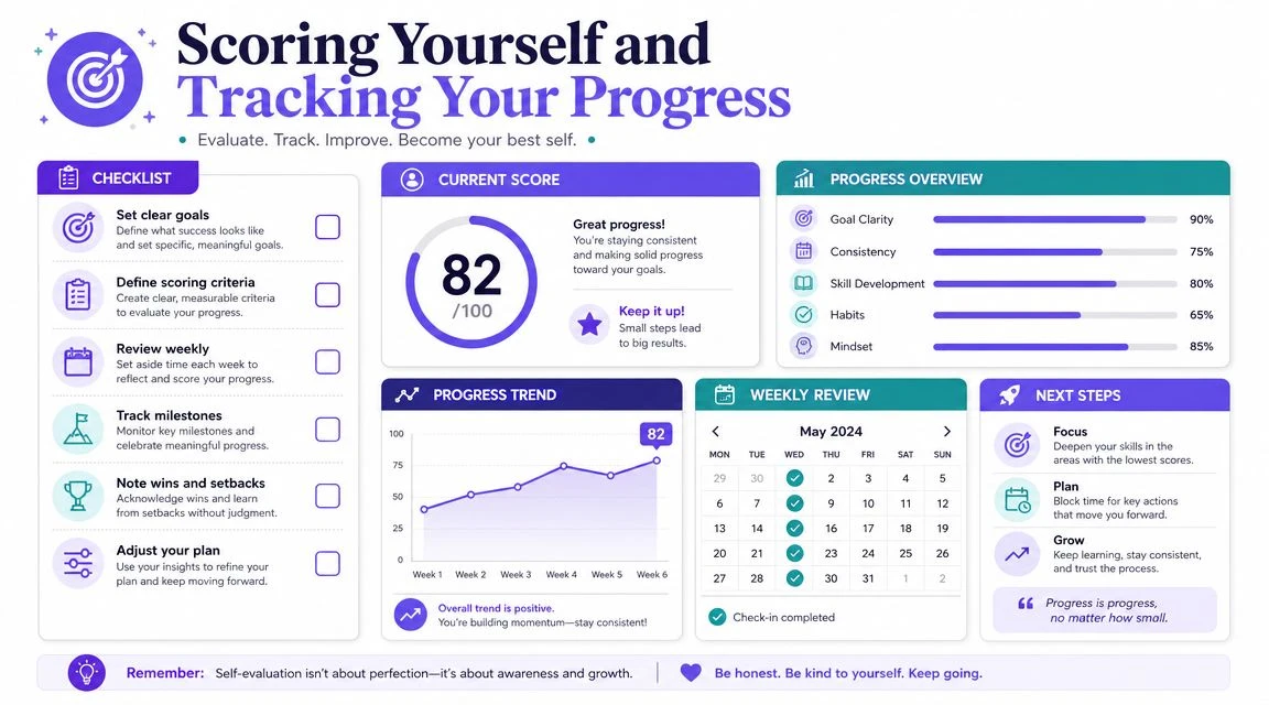 An infographic titled Scoring Yourself and Tracking Your Progress, displaying a checklist, progress scores, and tracking chart.
