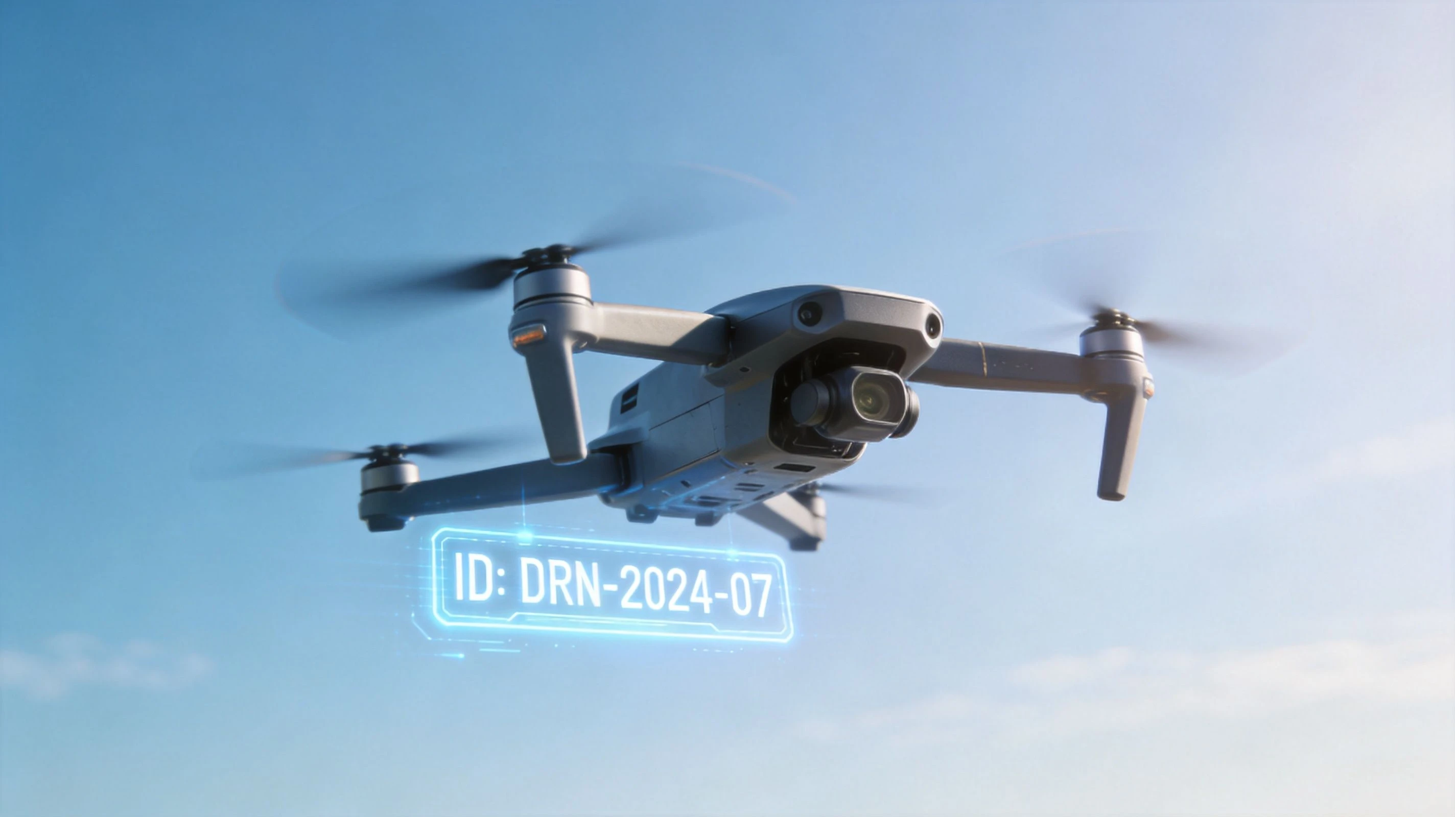 A modern drone flying in the sky with a digital identification hologram displayed beneath it.