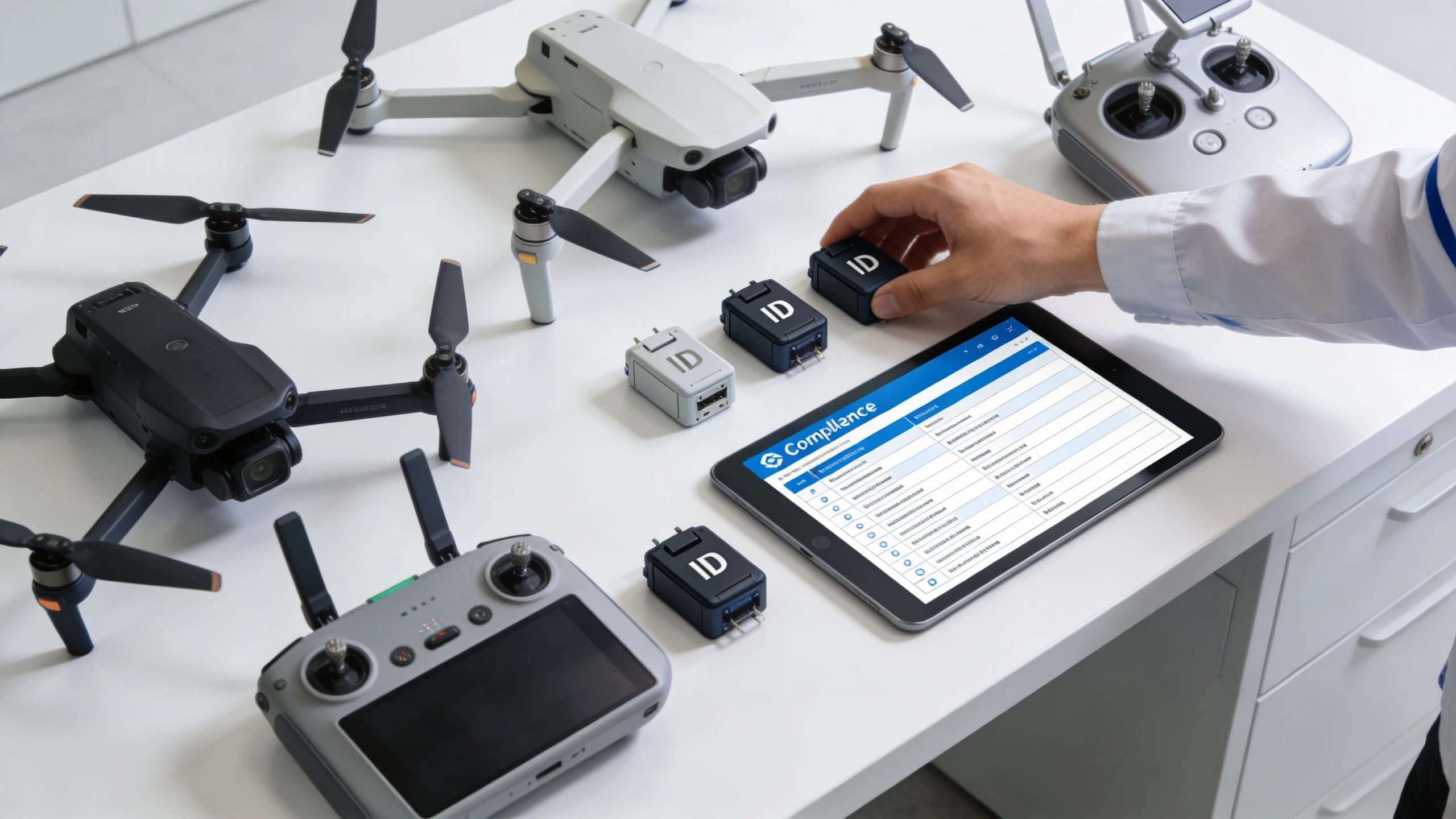A technician holds a Remote ID module over a table with drones and a tablet displaying compliance software.