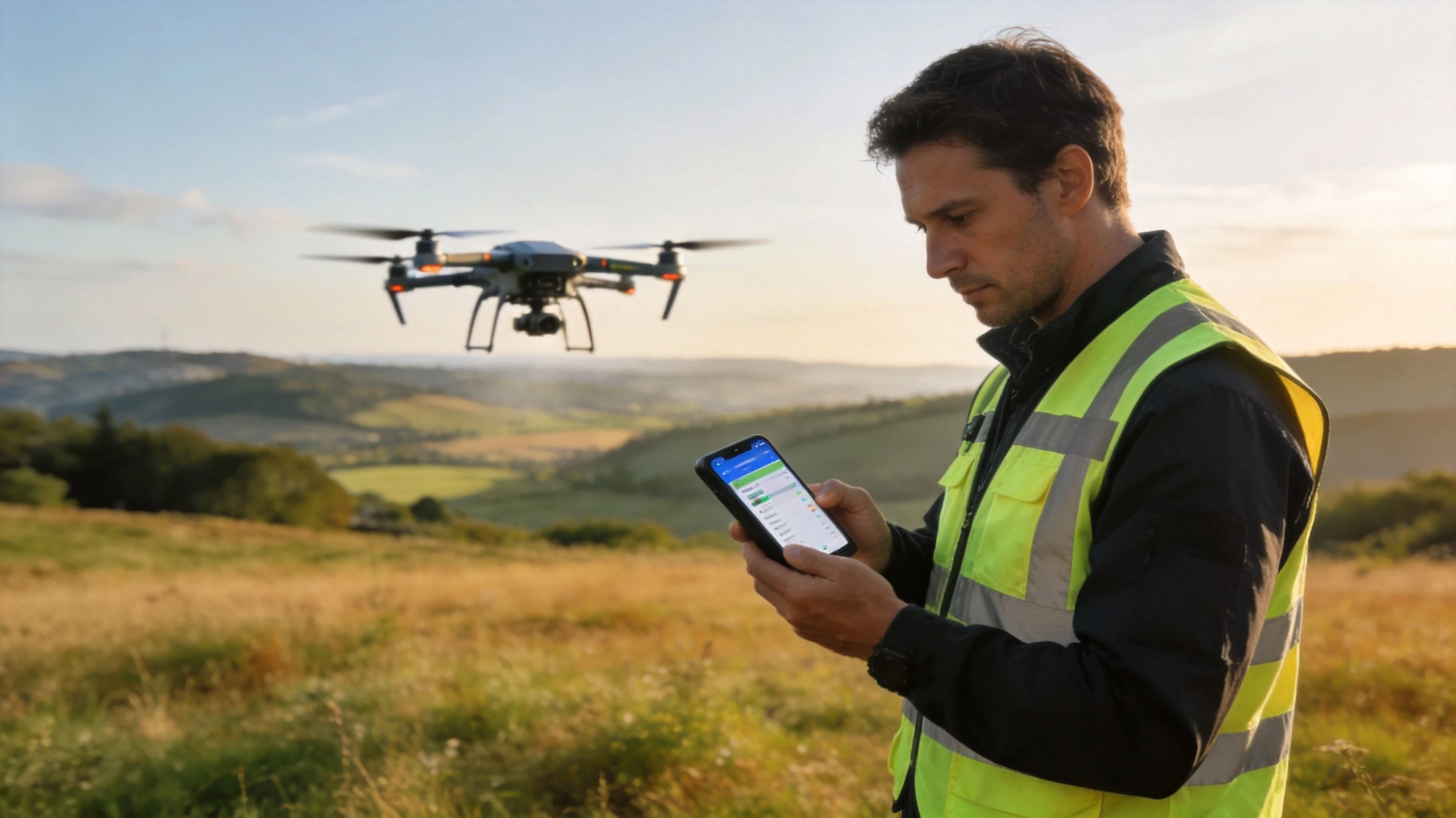 A professional operator uses a smartphone to control a drone flying over a rural agricultural field.
