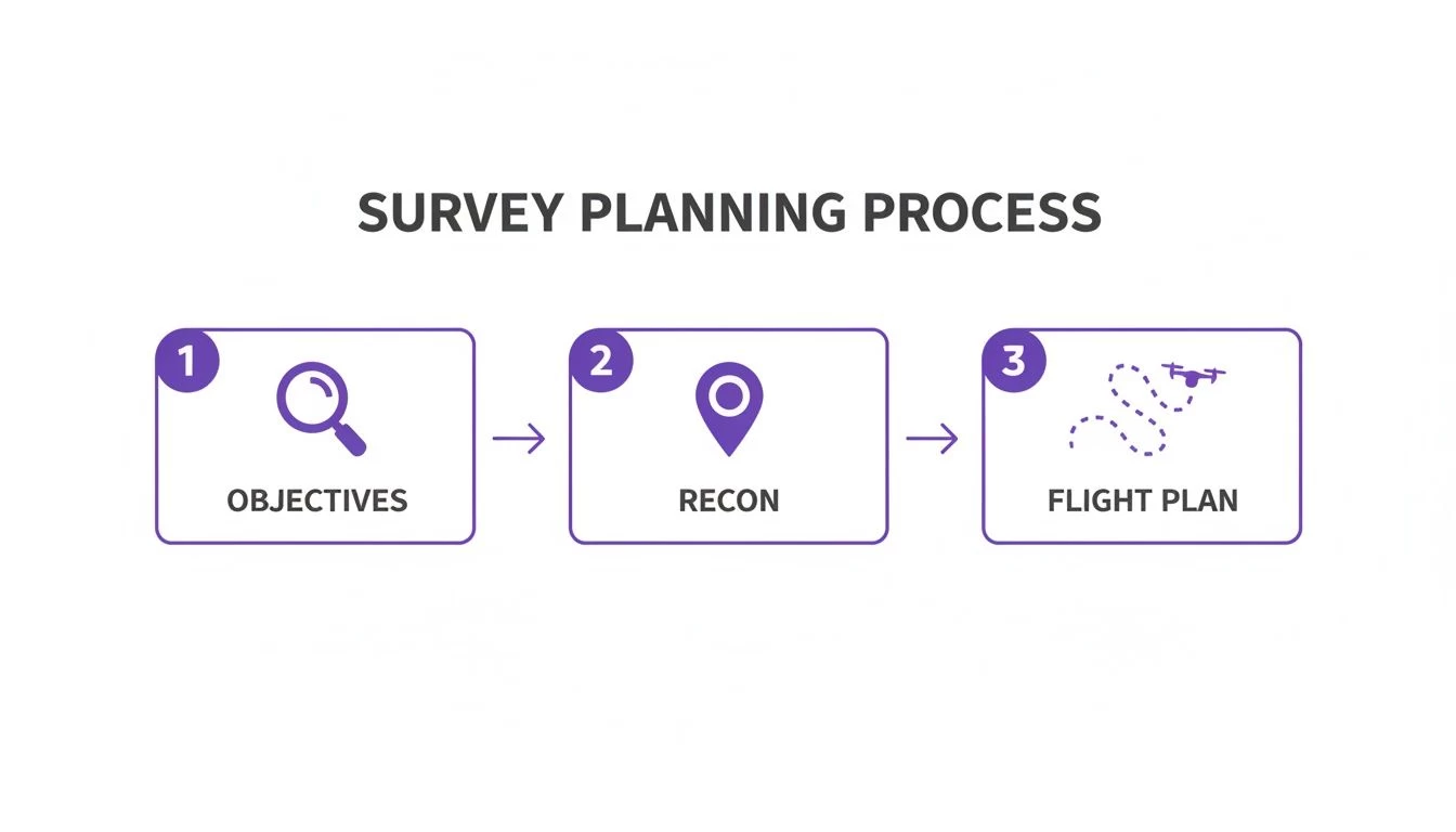 Diagram showing the UAV aerial survey planning process: objectives, recon, and flight plan preparation.