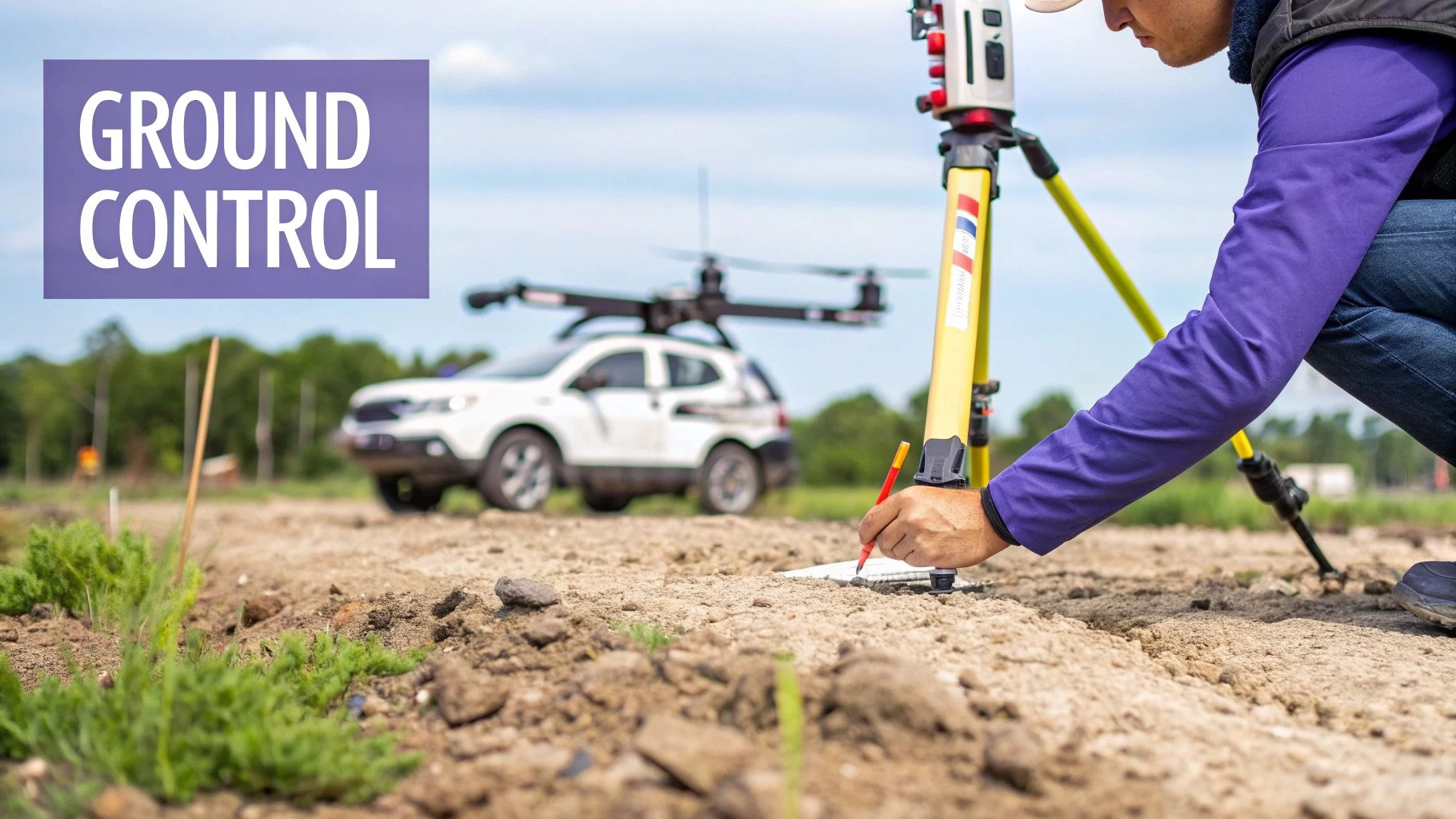 A surveyor marks ground control points with a total station, a drone-equipped SUV in the background.