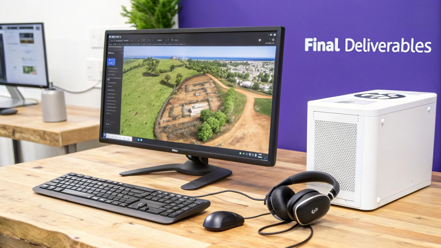 A computer workstation with monitor displaying an aerial map, keyboard, mouse, headphones, and white PC. 'Final Deliverables' on purple wall.