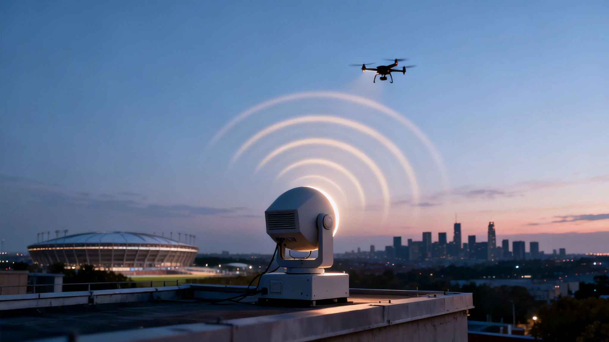 A drone flies over a rooftop radar emitting signals, with a stadium and city skyline at dusk.