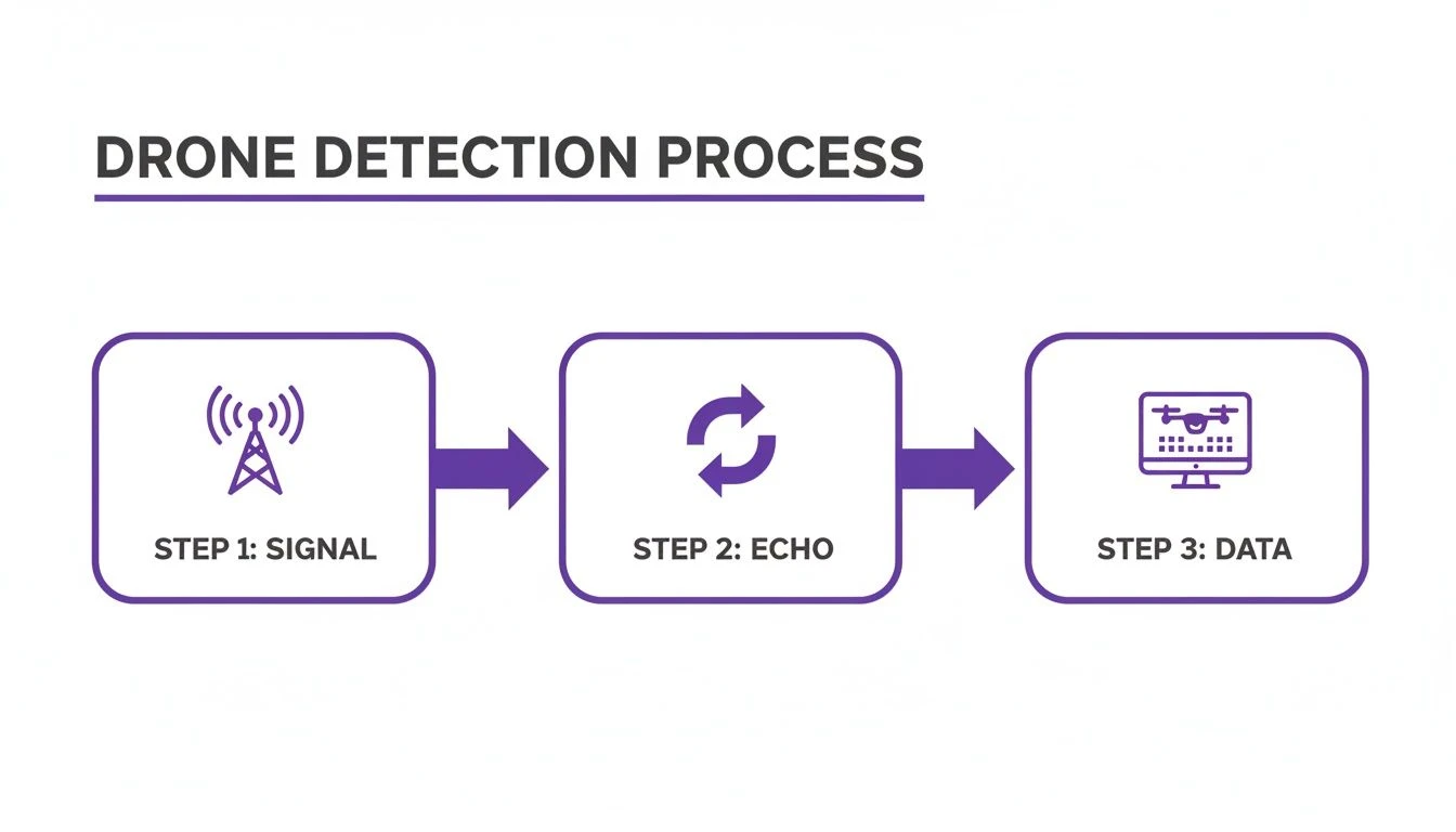 Infographic showing the drone detection process: Step 1 Signal, Step 2 Echo, and Step 3 Data.