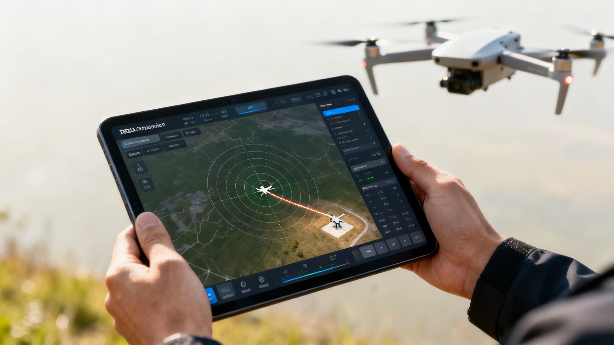 A person's hands holding a tablet displaying a drone's flight path, with a drone flying in the background.