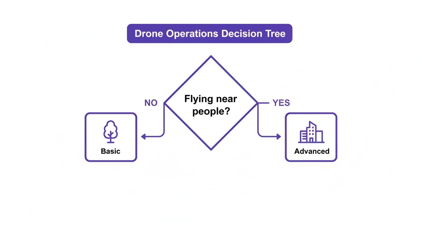 Decision tree for drone operations, categorizing into basic or advanced based on proximity to people.
