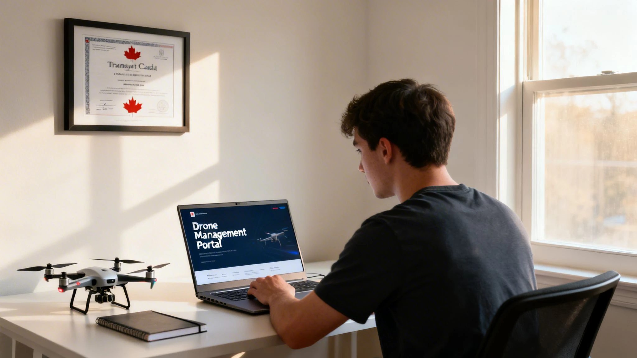 Young man operating a drone management portal on a laptop, with a drone and Canadian certificate.