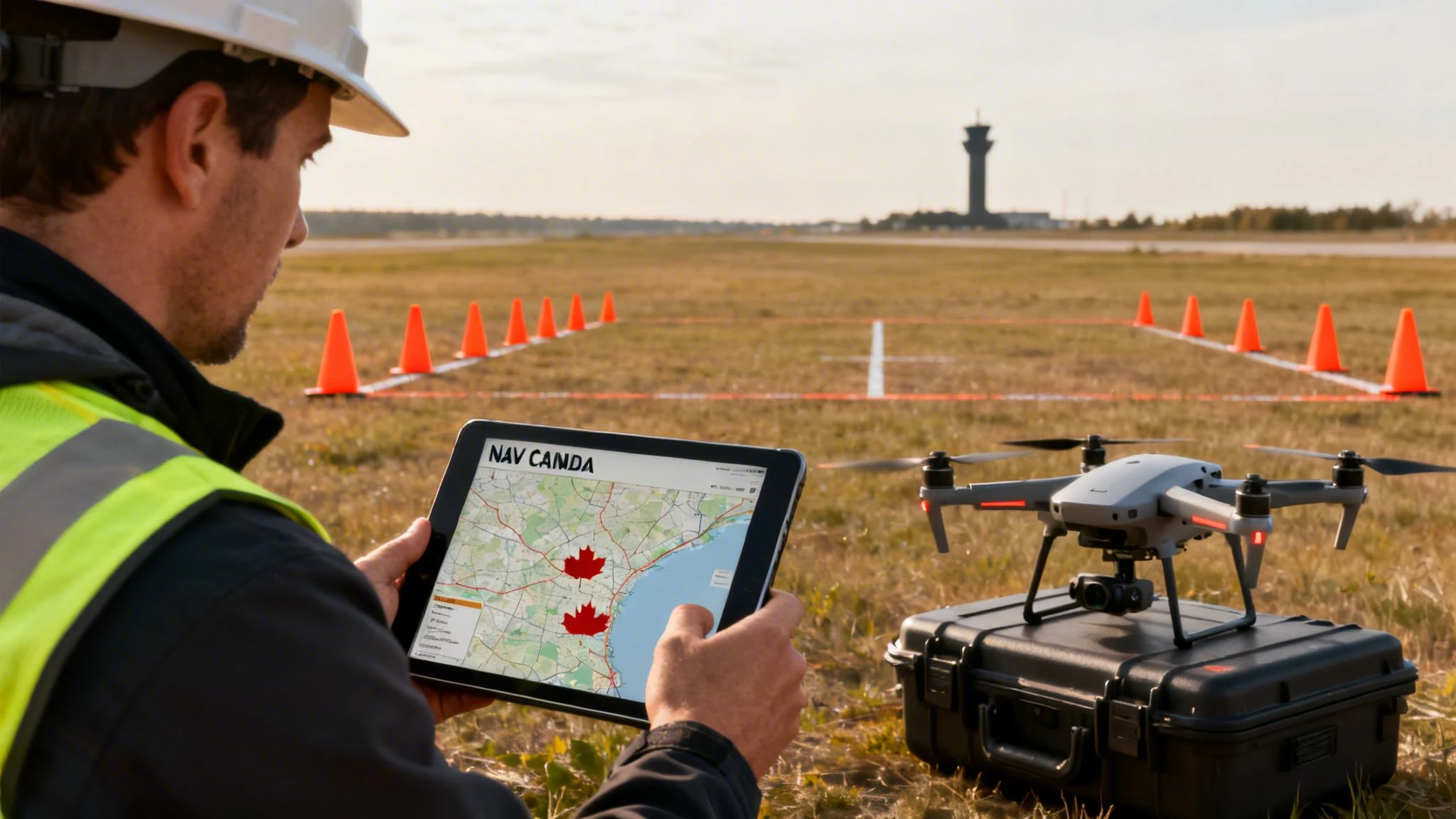 A man in a hard hat and safety vest operates a tablet with a drone map, near a drone and airport.