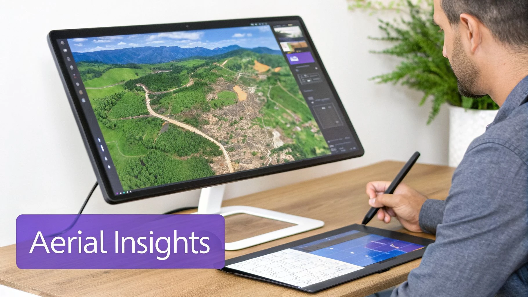 A man edits aerial drone footage of diverse landscapes on a large monitor and a digital tablet.