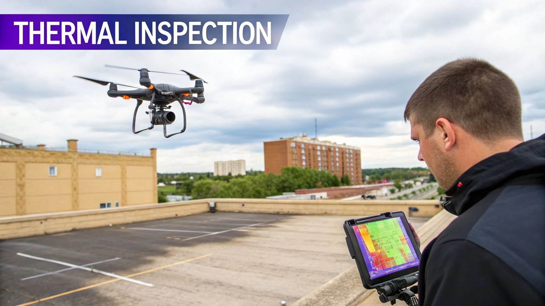 A man on a rooftop uses a tablet to control a drone for thermal inspection of buildings.