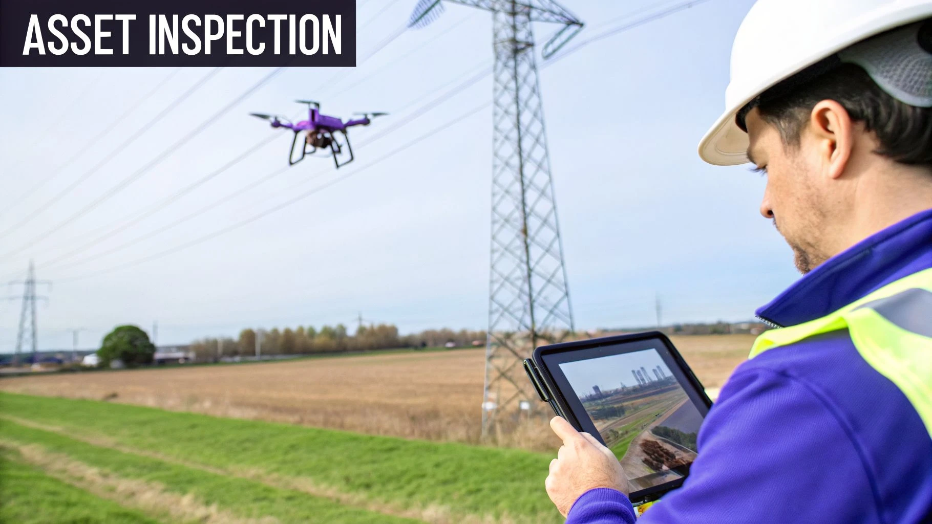Man in hard hat and safety vest operates a purple drone with a tablet for asset inspection.