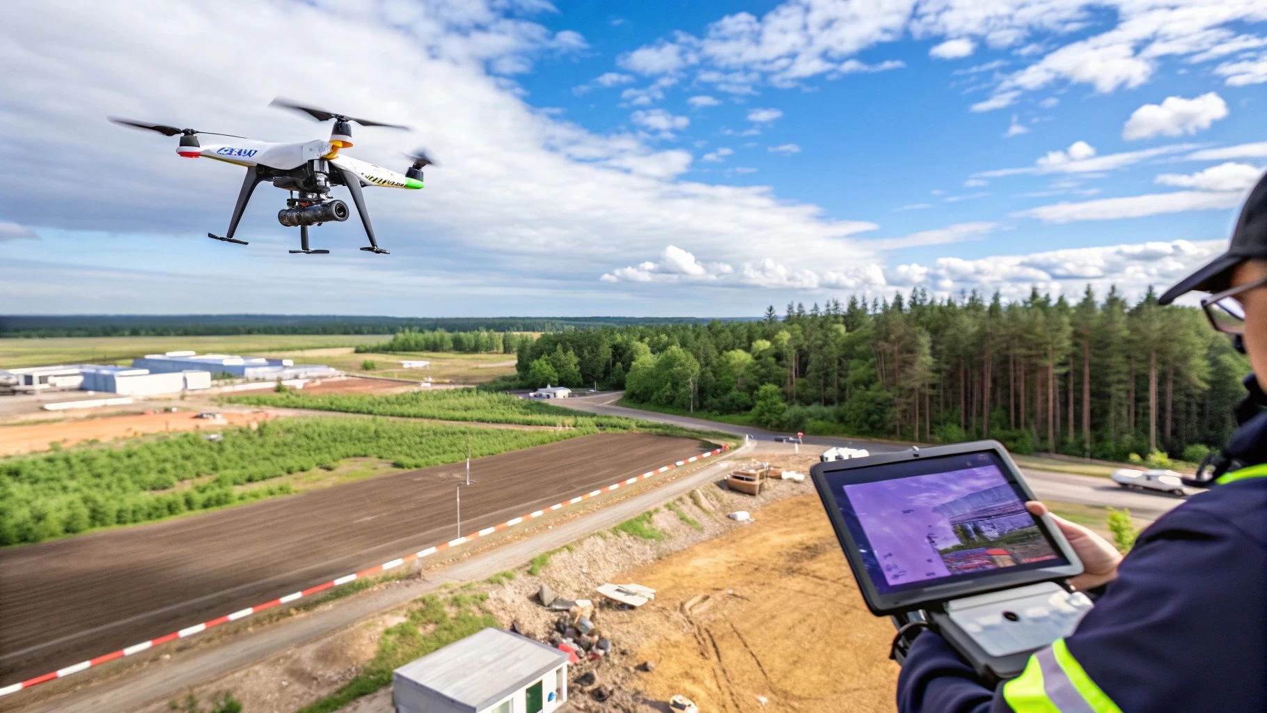 A white drone with a camera flies above an industrial site, operated by a person with a tablet.