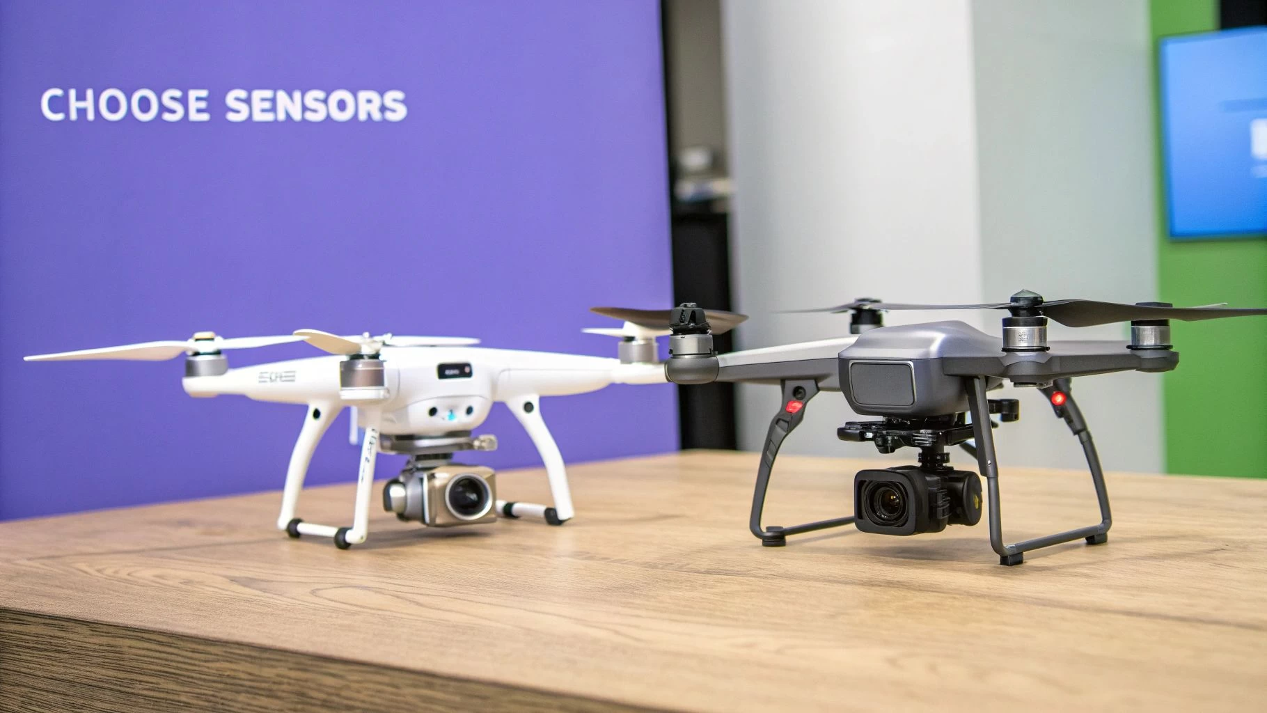 White and grey professional drones with cameras for mapping, displayed on a wooden table.