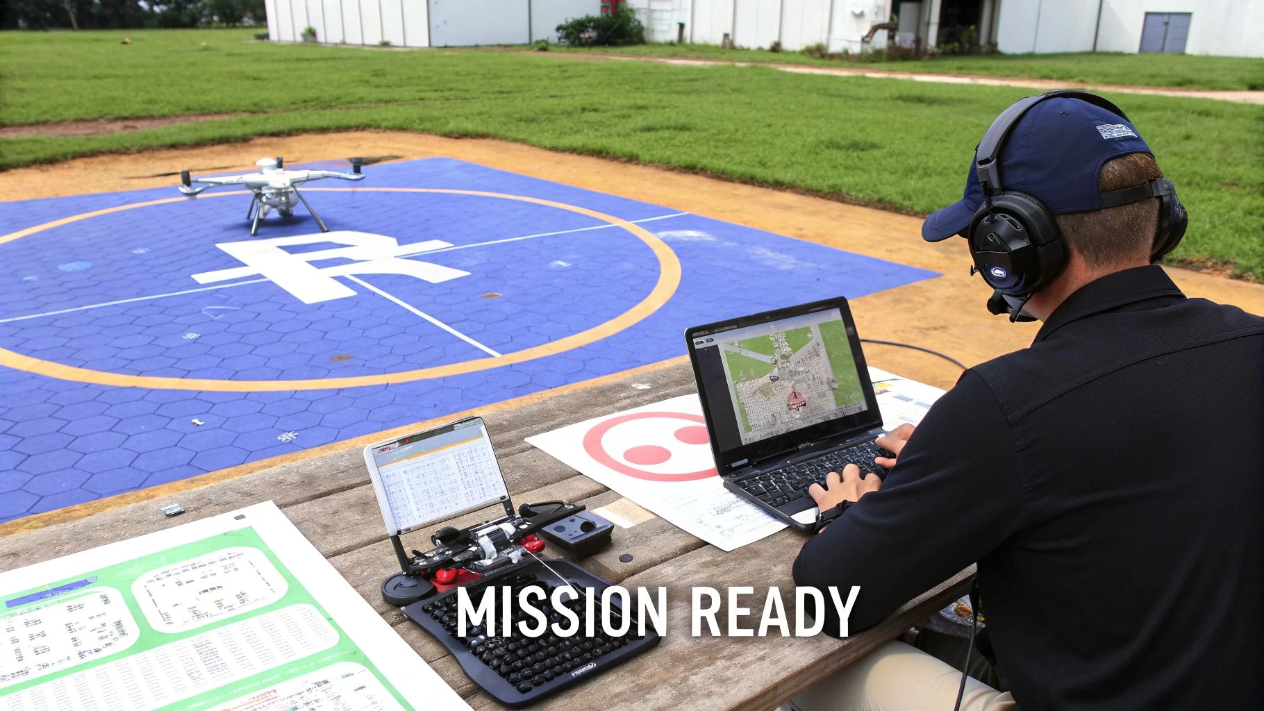 Person operating a drone from a control station with a laptop and various equipment.