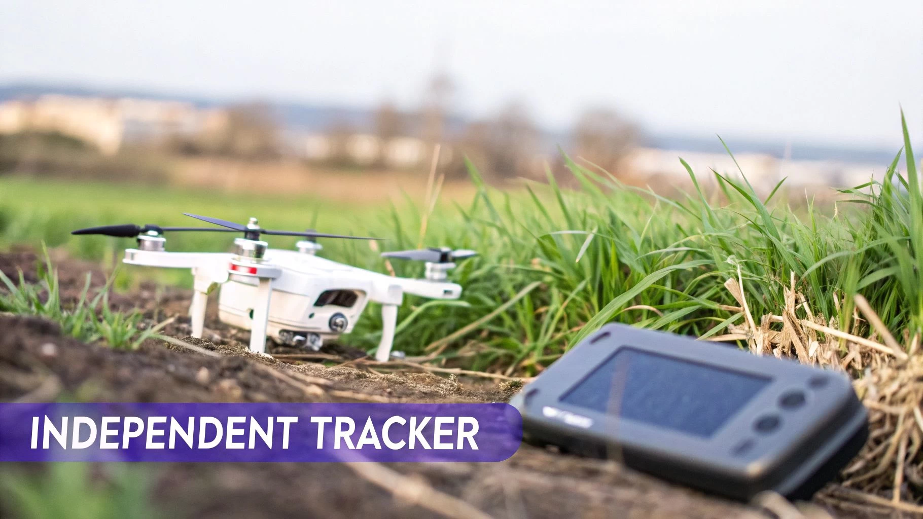 A white drone and a grey independent GPS tracker device resting on the ground in a grassy field.