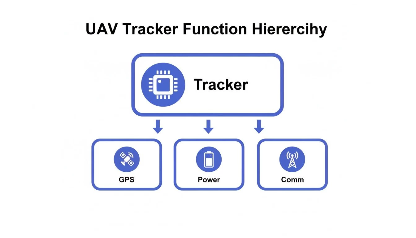 UAV tracker function hierarchy diagram illustrating the main tracker connected to GPS, power, and communication.