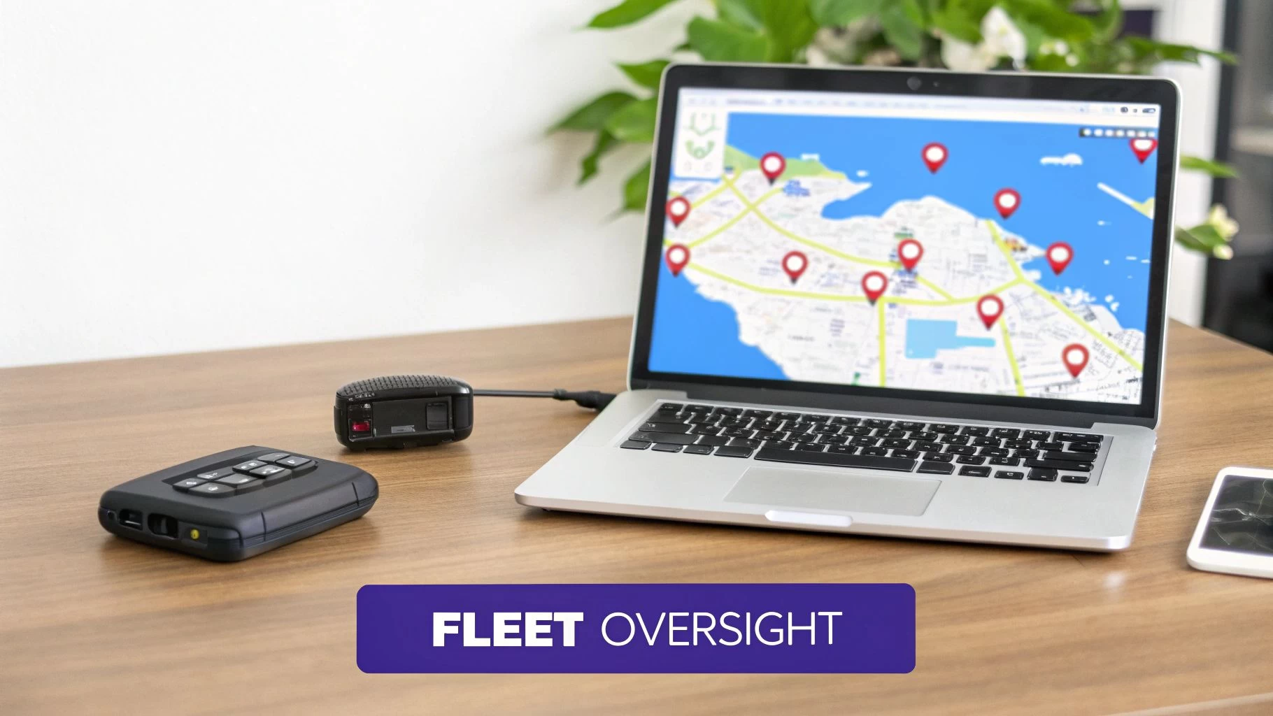 Laptop displaying a map with GPS tracking pins and two black tracking devices on a wooden desk.