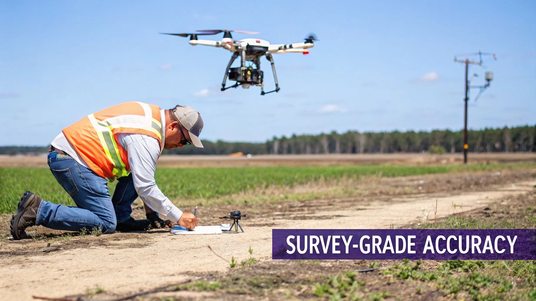 A person in a safety vest kneels on a dirt path, writing notes, as a mapping drone flies overhead for survey-grade accuracy.