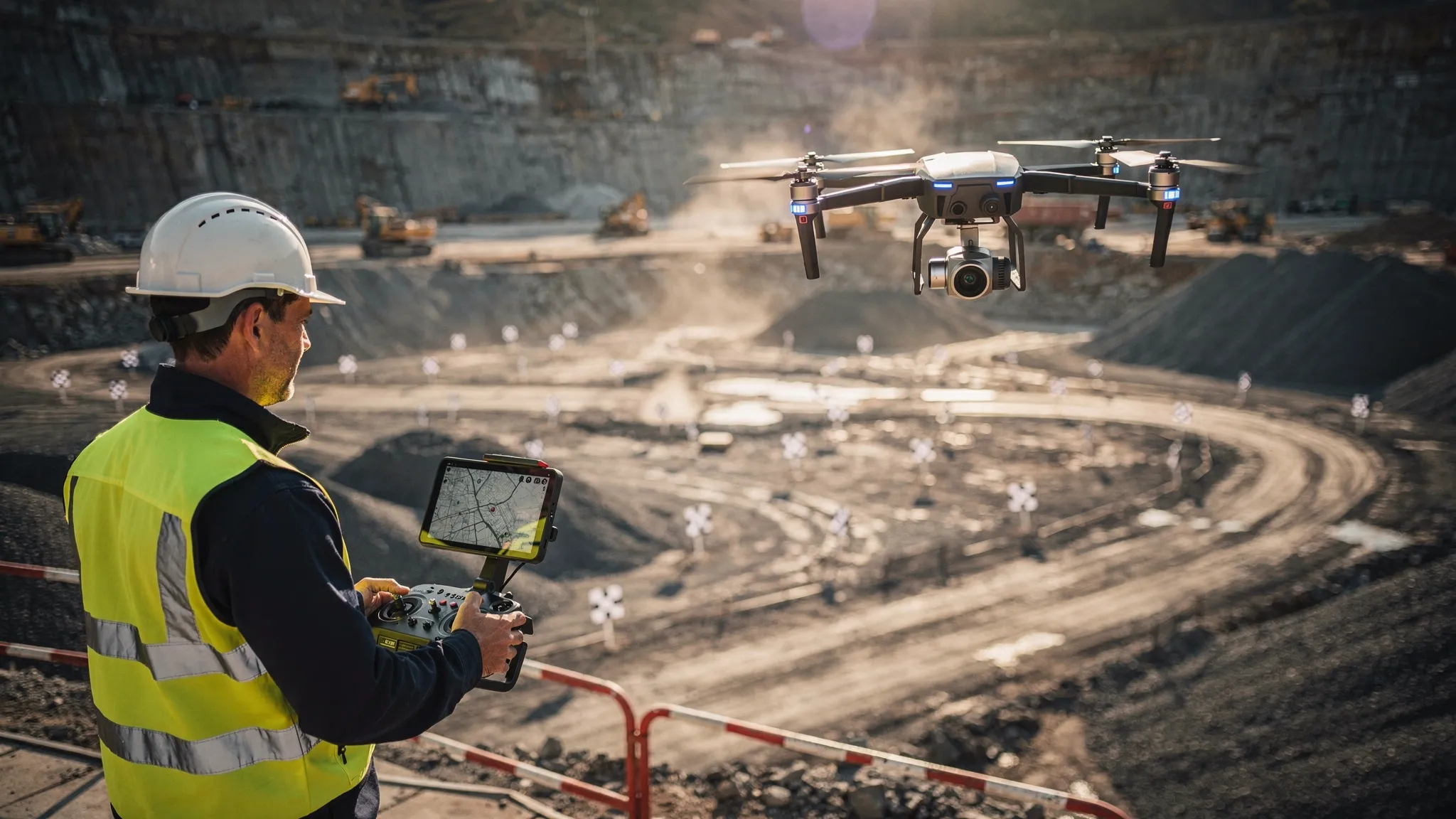 A commercial drone flying a structured mapping grid over a construction and quarry site, with visible ground control points, marked stockpiles, access roads and a pilot operating from a safe take-off area.