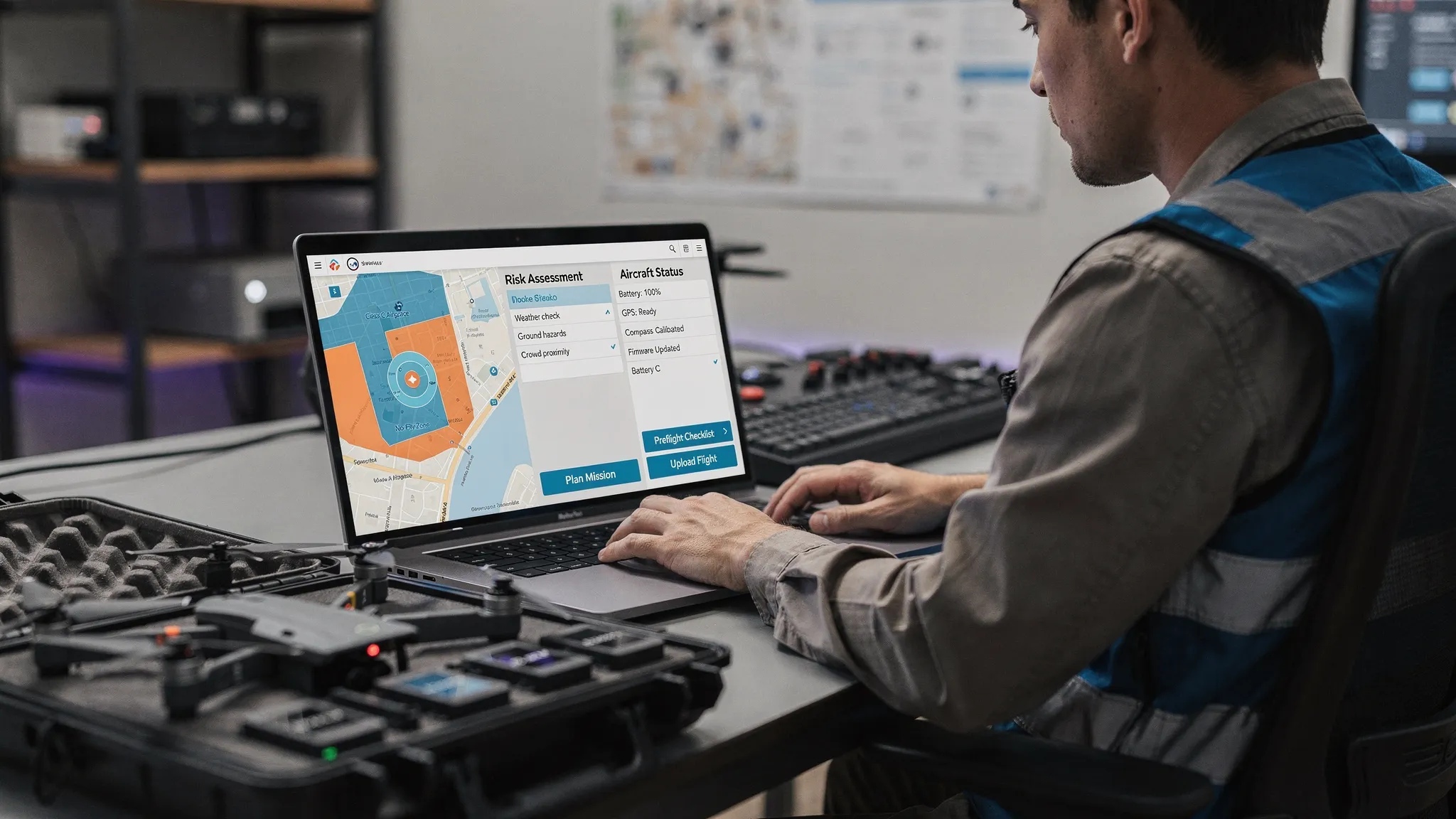 A commercial drone operator reviewing a flight planning workflow with airspace information, risk assessment notes and aircraft readiness details shown on a correctly oriented laptop screen beside a drone case and batteries.