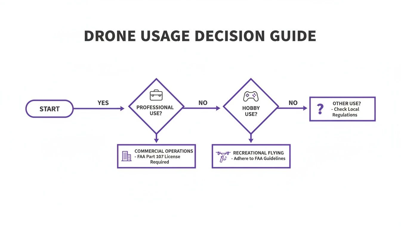 A flowchart titled 'Drone Usage Decision Guide' outlining regulations for professional, hobby, and other drone uses.