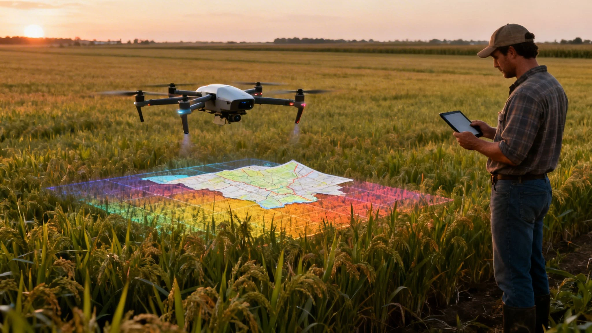 A farmer uses a tablet to control a drone projecting a holographic map over a crop field at sunset.