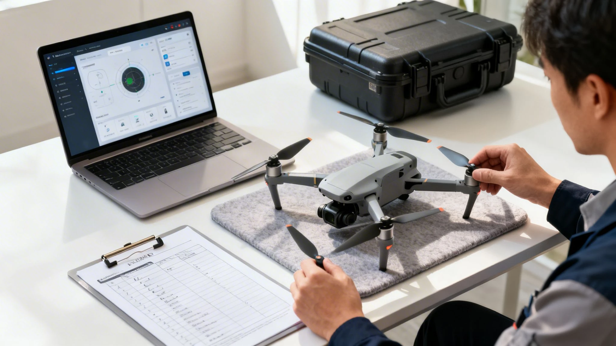 A person assembles a drone on a table, with a laptop displaying drone control software and a checklist.