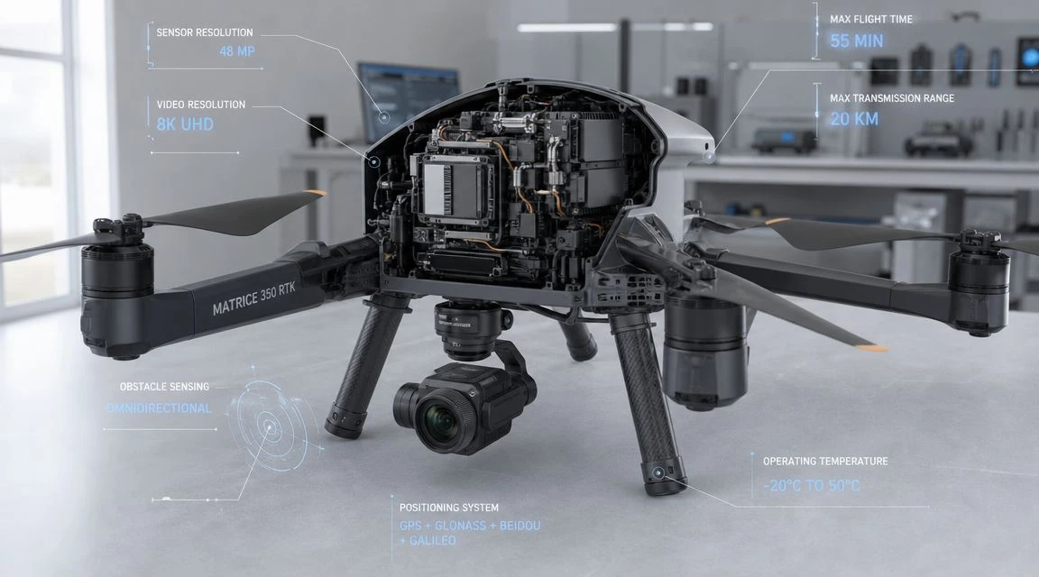 A detailed close-up view of the DJI Matrice 350 RTK industrial drone showing its technical specifications.