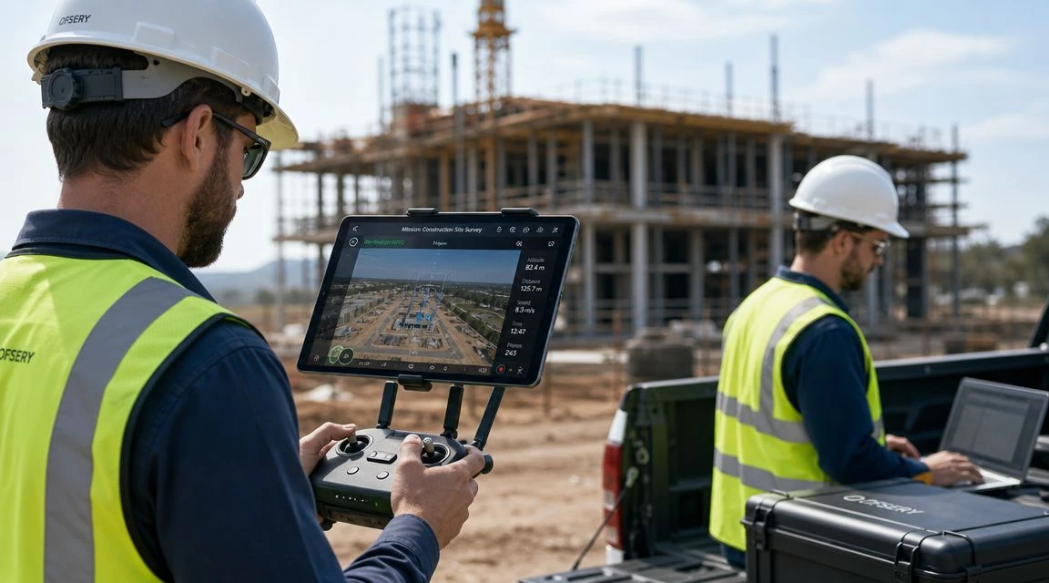 Two engineers in safety gear using a drone controller and laptop for a construction site survey.