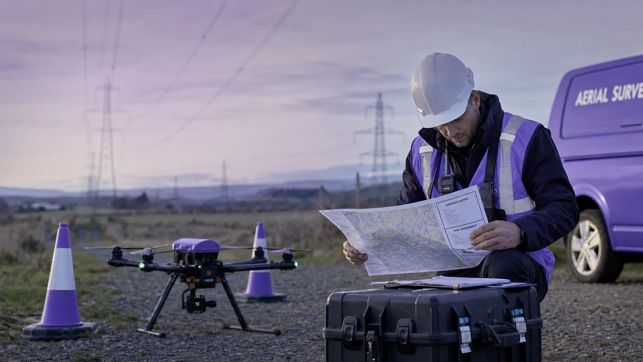 A commercial drone and safety cones beside a rural utility corridor, with a pilot reviewing a printed site map, airspace notes and risk assessment paperwork before a flight.
