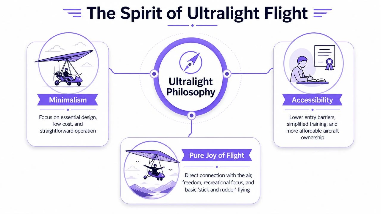 An infographic titled The Spirit of Ultralight Flight, showcasing minimalism, accessibility, and the joy of aviation.