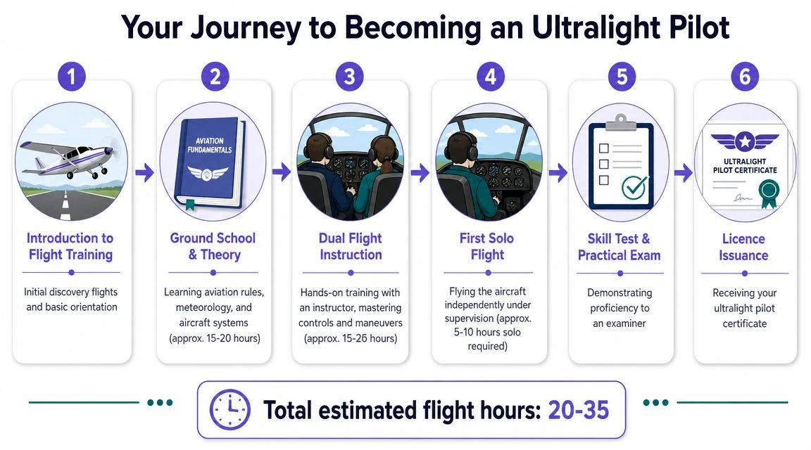 An infographic showing the six steps required to obtain an ultralight pilot certificate from training to issuance.