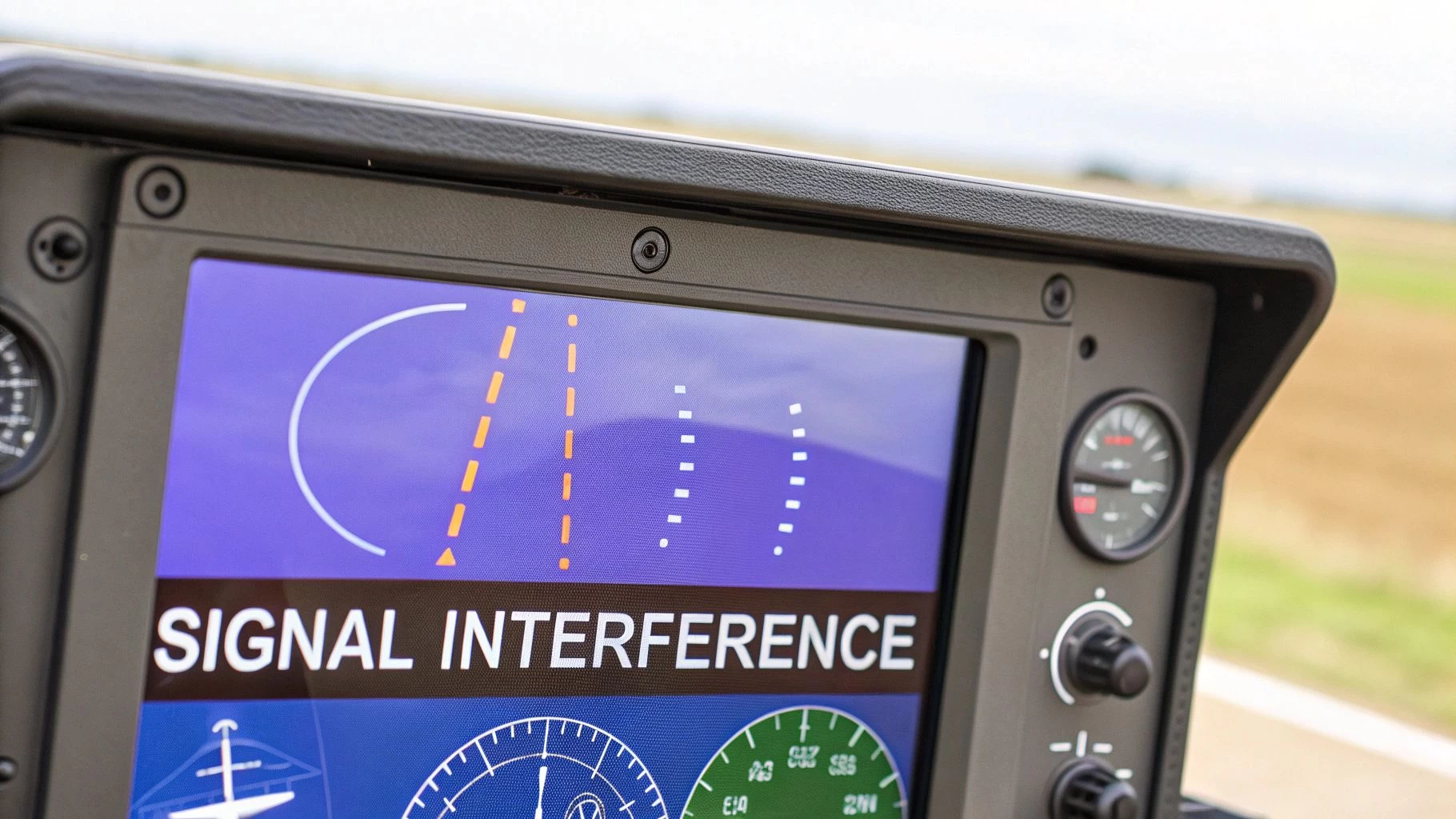 An image showing a digital radar screen with interference, representing electronic warfare threats in warning areas airspace.