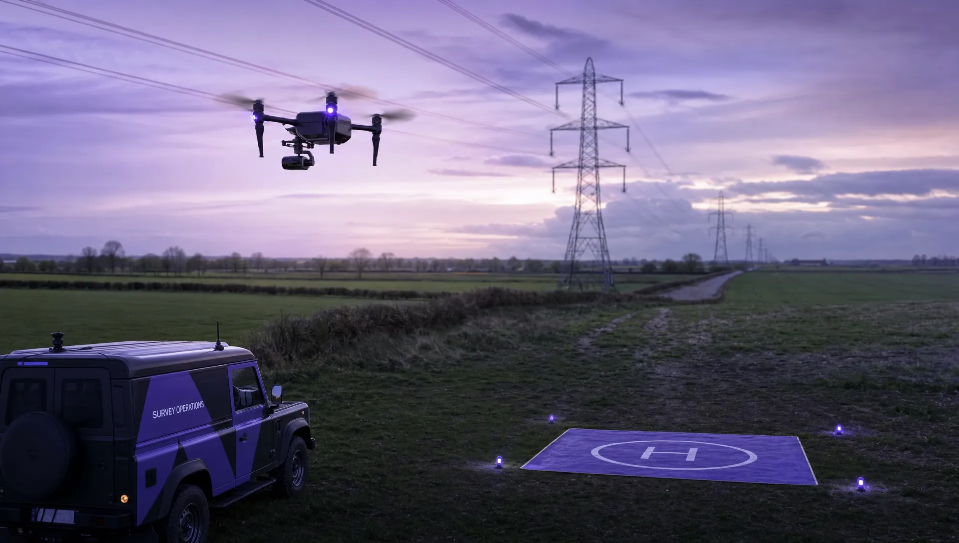 A drone flying along a powerline corridor over rural fields, with a ground control vehicle parked near a planned recovery area and clear open space below the route, illustrating BVLOS risk planning across airspace and ground risk.