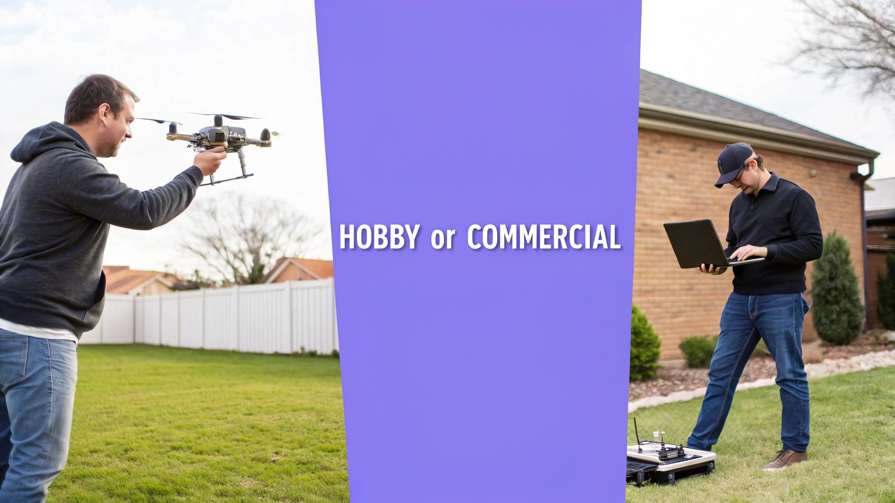 A professional drone pilot operating a controller with a drone visible in the sky.