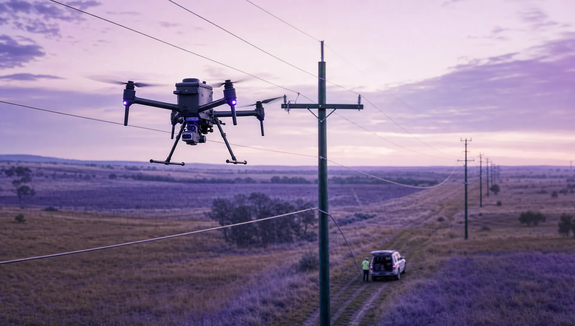 A commercial drone flying along a remote power line corridor above open countryside, with utility poles, fields and a distant control vehicle showing the scale of a BVLOS inspection mission.