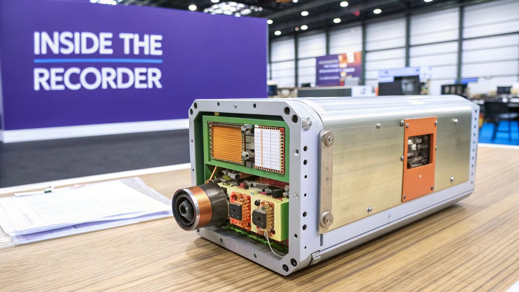 Detailed view of a disassembled flight recorder's internal components on a wooden table.