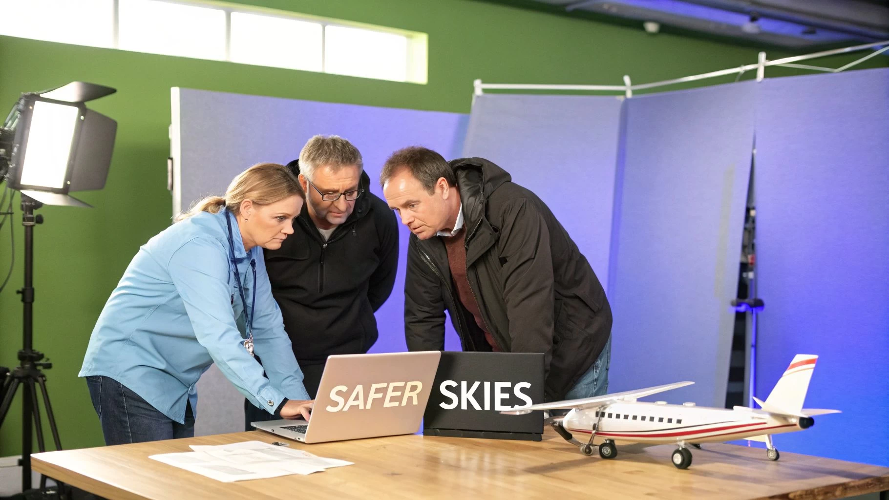 Three professionals discuss 'Safer Skies' around a laptop and model airplane in a studio setting.