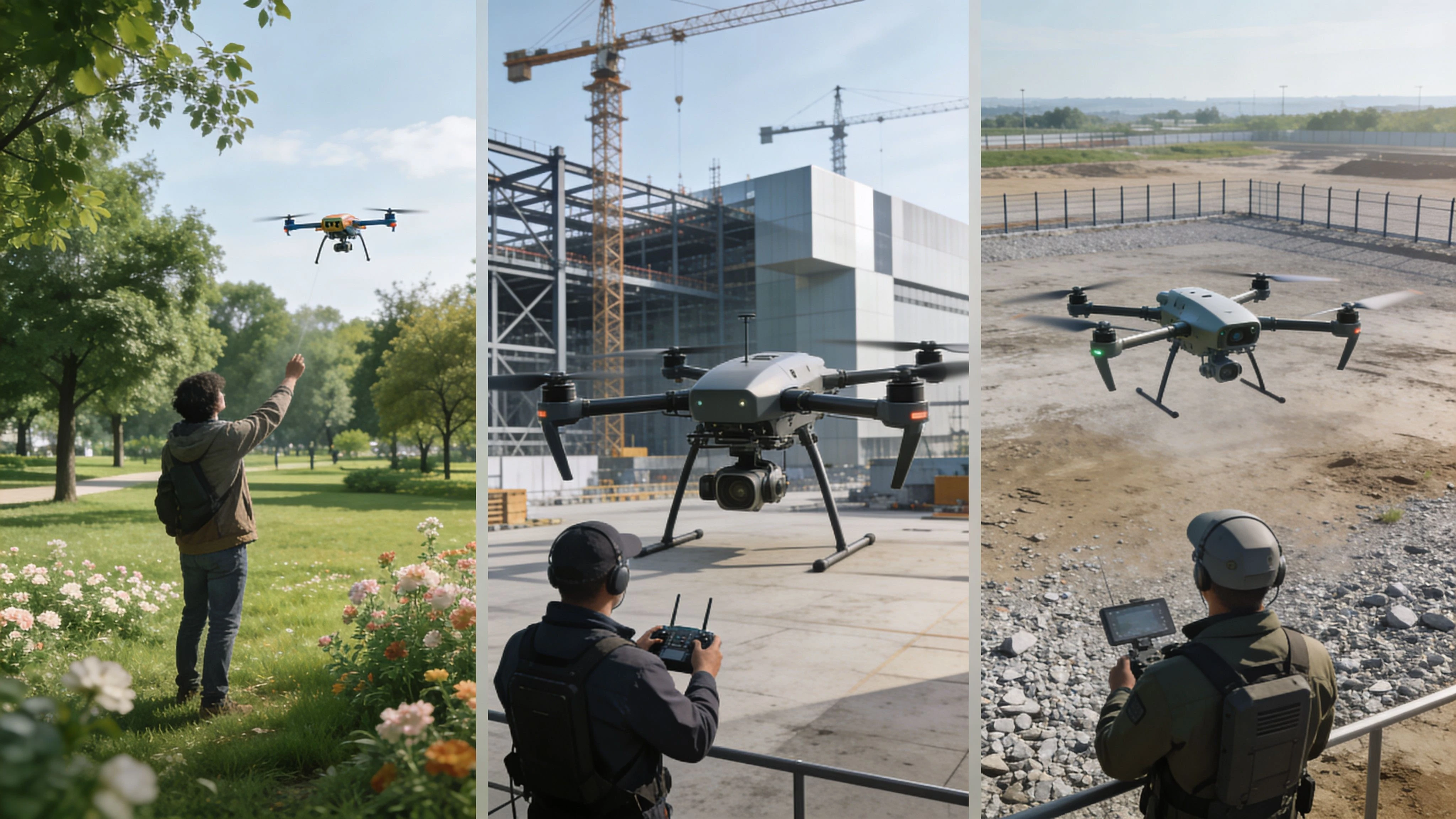 Three professional scenes showcasing drone operators navigating various UAV models for different industrial and recreational purposes.