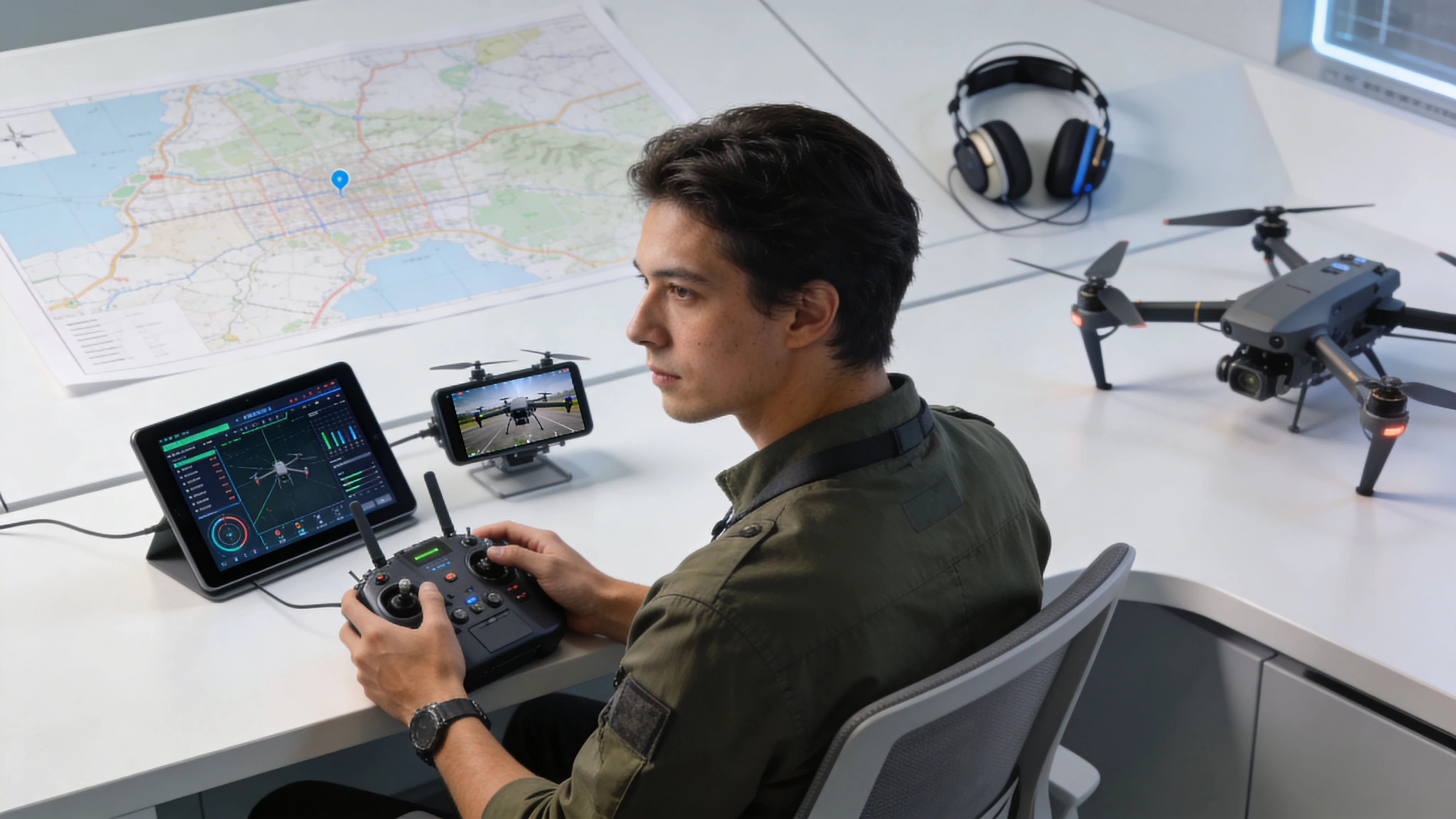A focused drone pilot operating a UAV remote control while monitoring flight data on screens and maps.