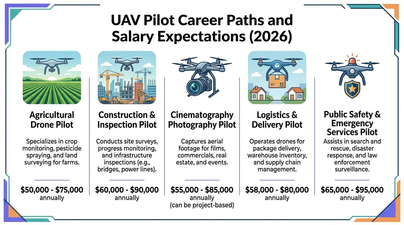 An infographic showing five different career paths for UAV drone pilots and their estimated annual salary ranges.