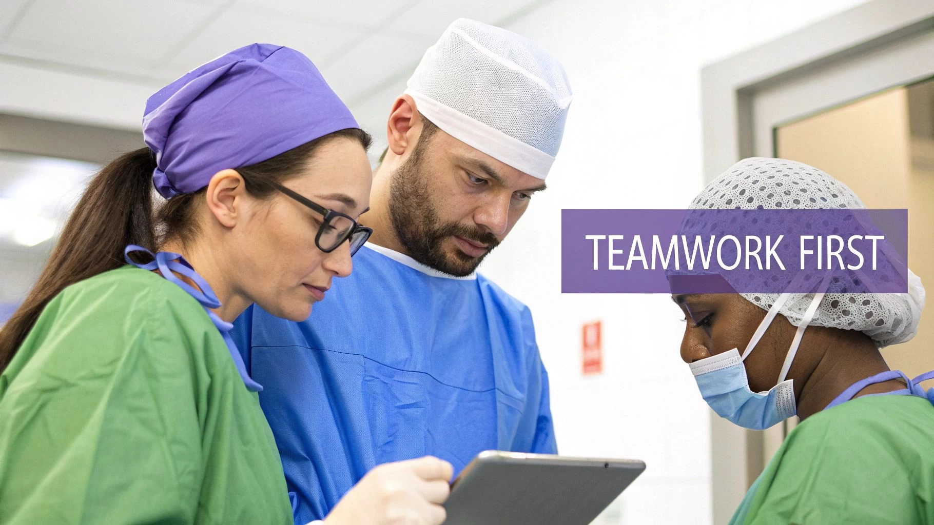 Three diverse healthcare professionals, in scrubs and caps, collaboratively reviewing a tablet in a medical setting, emphasizing teamwork.