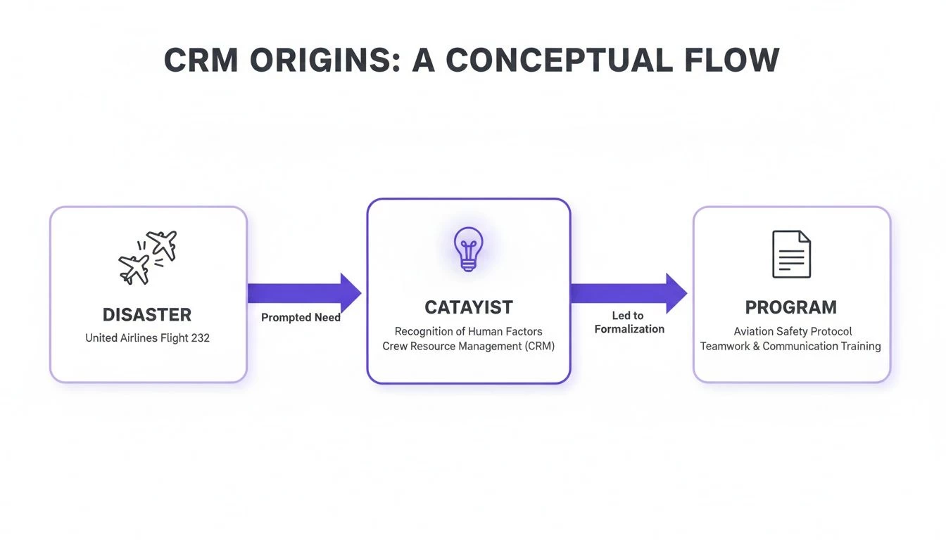 Flowchart showing the origin of Crew Resource Management (CRM), from the UA Flight 232 disaster to formal aviation safety programs.